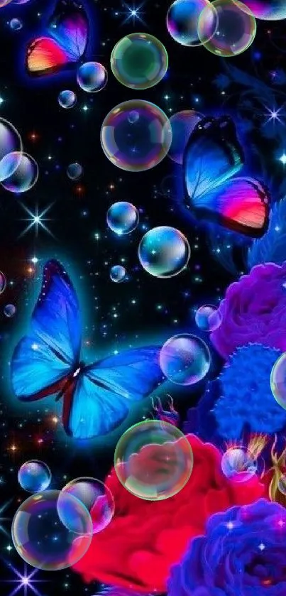 Colorful butterflies and flowers with bubbles on a black background.