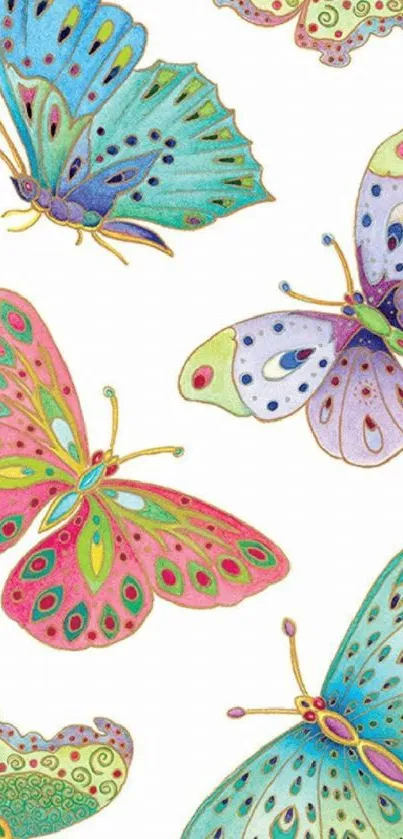 Colorful artistic butterflies on a white background for phone wallpaper.