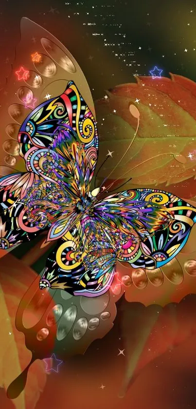 Intricate butterfly design on autumn leaves with colorful details.