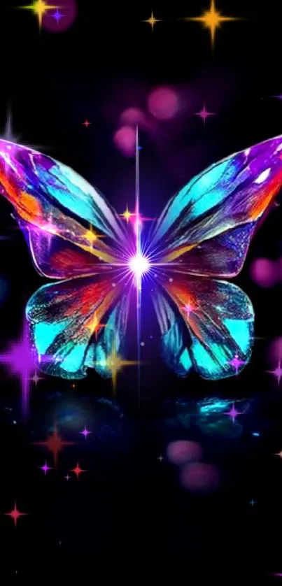 Vibrant butterfly with colorful wings and starry night background.