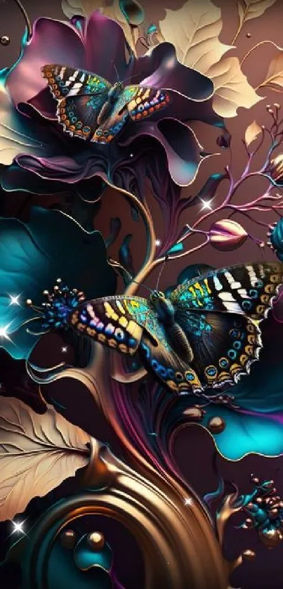 Colorful artistic wallpaper with butterflies and flowers.