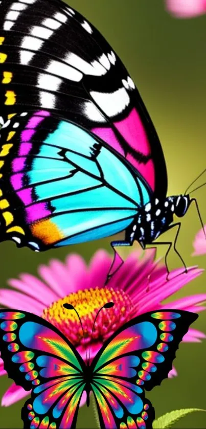 Colorful butterfly on a flower wallpaper with vibrant artistic details.