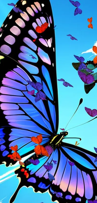 Vibrant butterfly art wallpaper with blue sky background.
