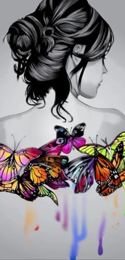 Grayscale woman with colorful butterflies on her back in artistic wallpaper.