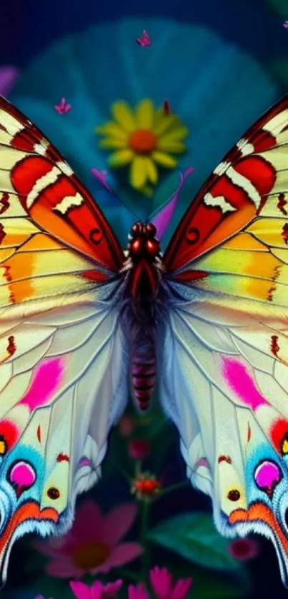 Vibrant butterfly with colorful wings on floral background.