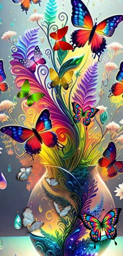 Colorful butterfly and floral mobile wallpaper with vibrant design.
