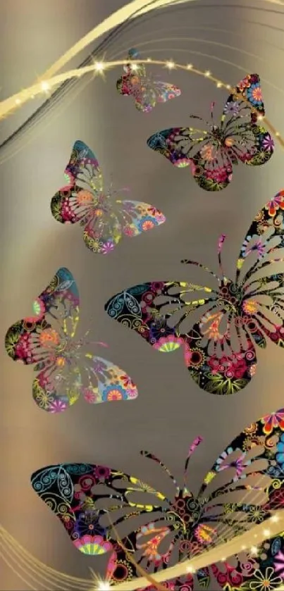 Colorful butterflies with floral patterns on gold background.