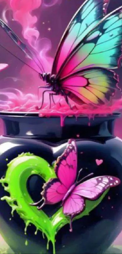 Vibrant butterfly on a heart-themed abstract artwork with vivid colors.