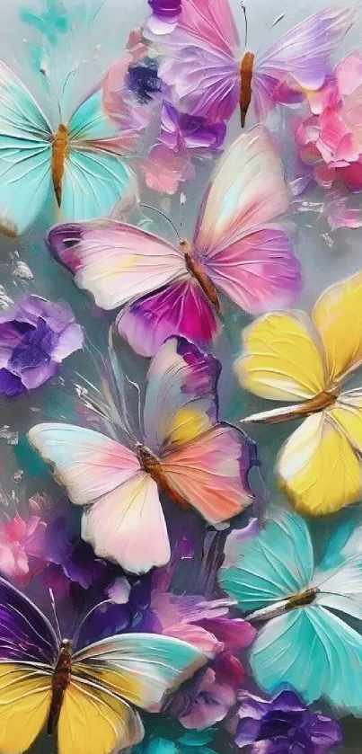 Colorful butterfly wallpaper with pastel hues and floral accents.