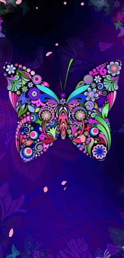 Colorful artistic butterfly against a purple background.