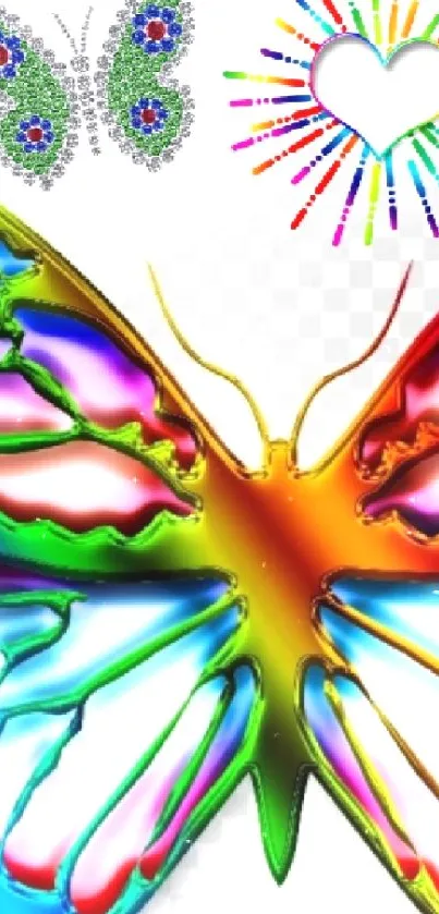 Vibrant rainbow butterfly artwork on a mobile wallpaper.