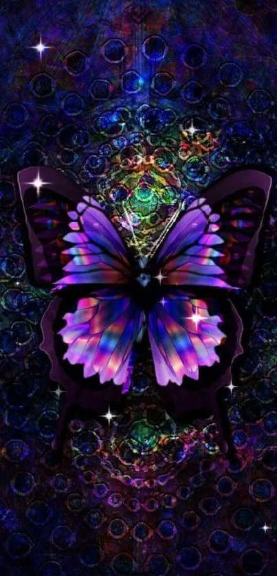 Vibrant purple butterfly on artistic, colorful background.