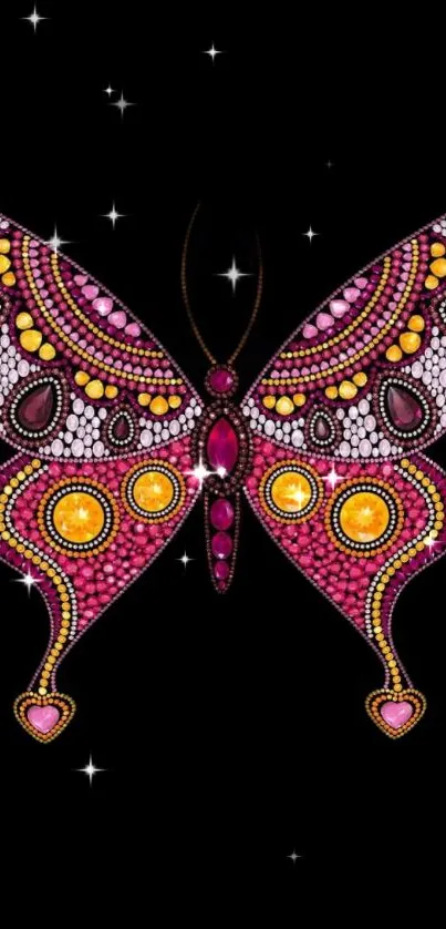 A colorful butterfly with intricate designs on a black background.