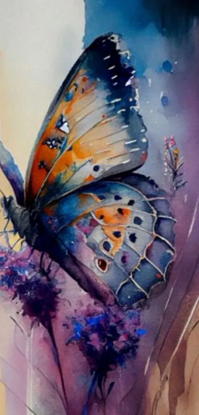 Vibrant butterfly painting with orange, blue, and purple hues on a floral background.