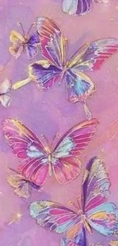 Artistic wallpaper with colorful butterflies on a lavender background.