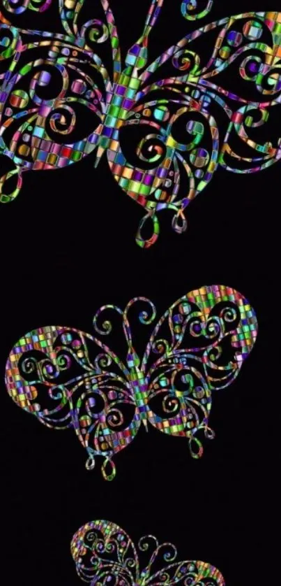 Colorful butterfly art on a black background, vibrant and psychedelic.