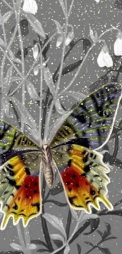 Colorful butterfly on gray floral background, artistic wallpaper.