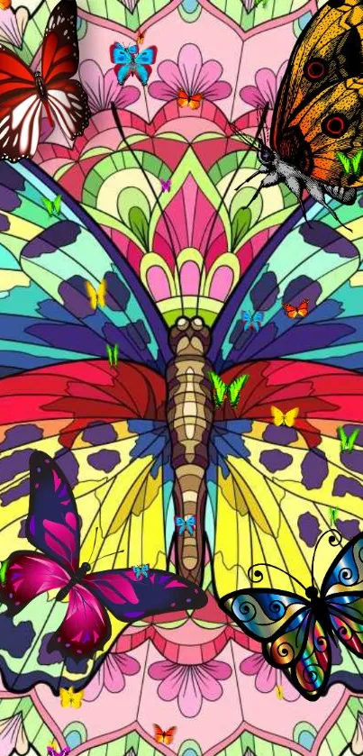 Colorful butterfly mandala mobile wallpaper with vibrant details.