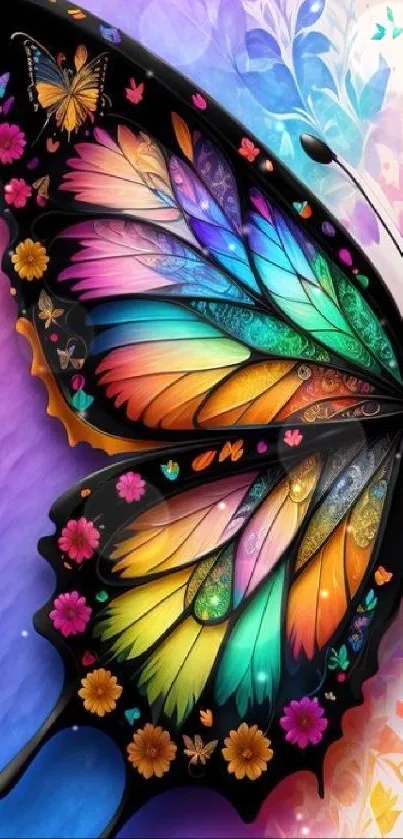 Colorful intricately designed butterfly art on a mobile wallpaper.