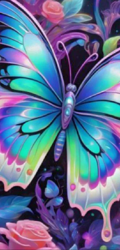 Vibrant butterfly art on a dark floral background.