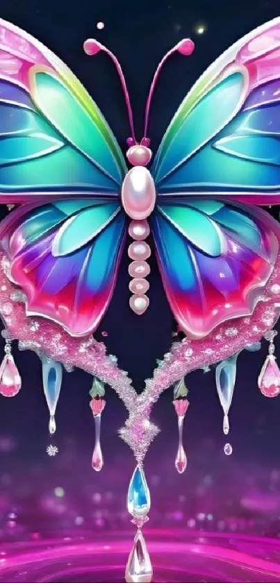 Vibrant butterfly wallpaper with colorful crystals.