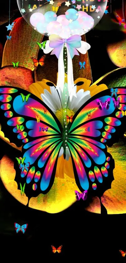 Colorful butterfly artwork with vibrant hues on a dark background.