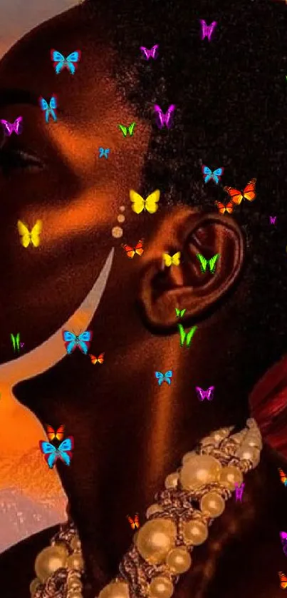 Artistic silhouette with multicolored butterflies against a warm background.