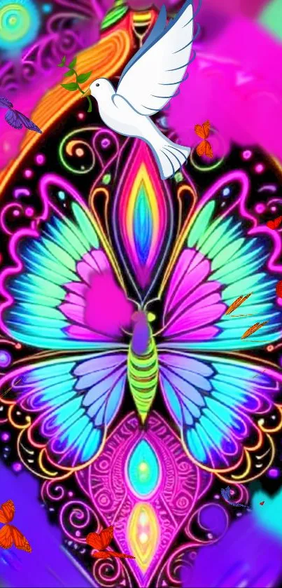 Colorful neon butterfly and dove wallpaper with vibrant design.