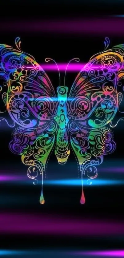 Colorful butterfly design on black wallpaper background.