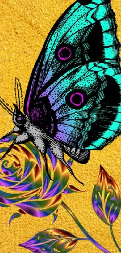 Colorful butterfly on golden rose wallpaper.
