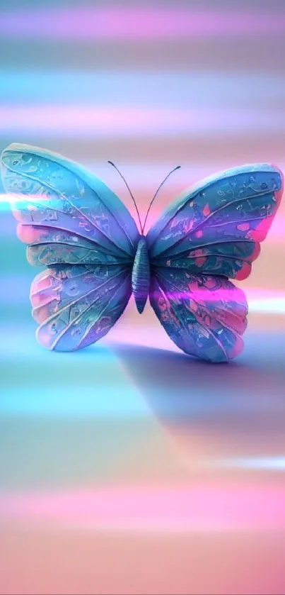 Vibrant blue butterfly on colorful gradient background