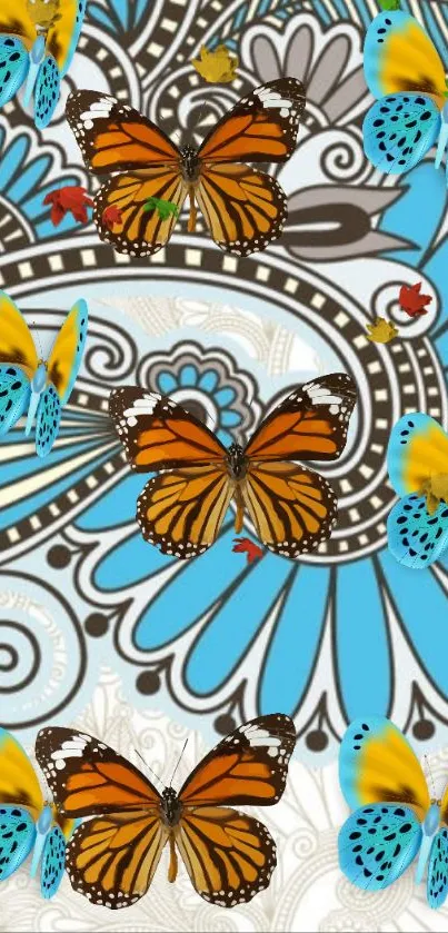 Colorful butterfly wallpaper with intricate patterns on a blue background.