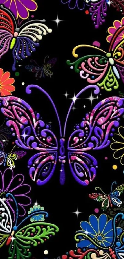 Colorful butterfly and floral pattern wallpaper with black background.