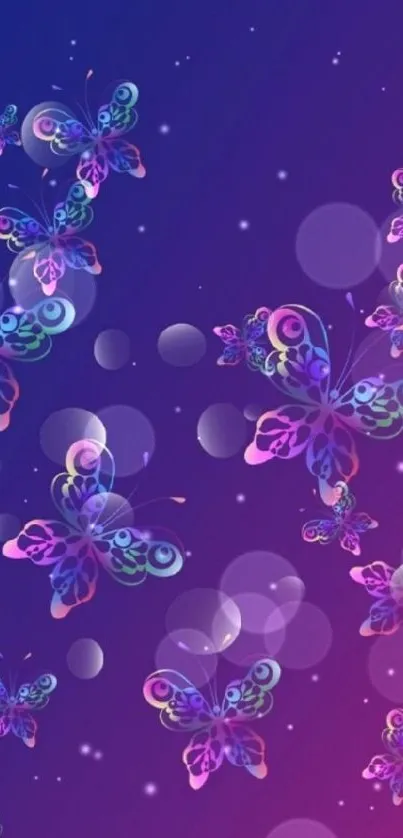 Vibrant gradient wallpaper with colorful butterflies on a purple and pink background.