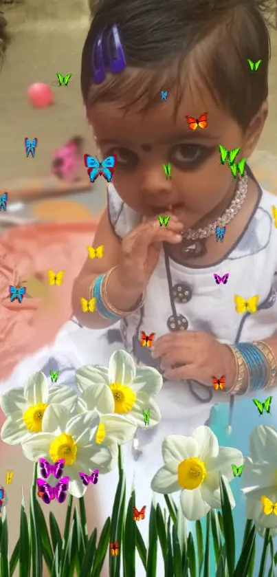 Baby with vibrant butterflies and flowers on wallpaper.