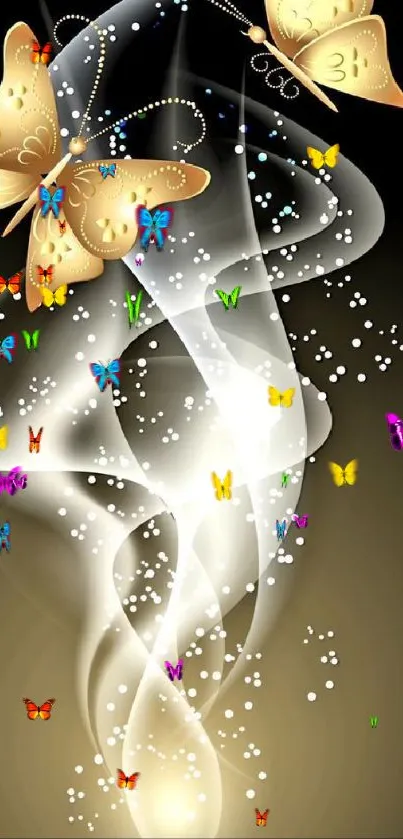 Colorful butterfly wallpaper with sparkling swirls and golden accents.