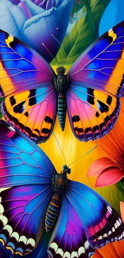 Colorful butterflies with a vibrant floral background.
