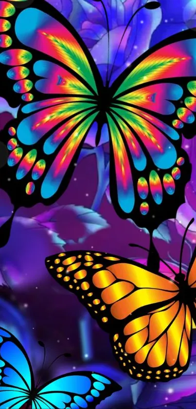 Vibrant butterflies on a purple background creating a colorful mobile wallpaper.