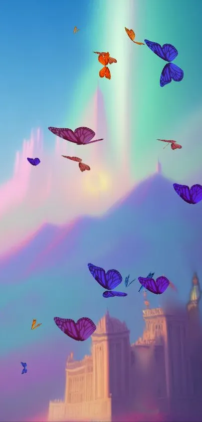 Mobile wallpaper with colorful butterflies and a dreamy sky.