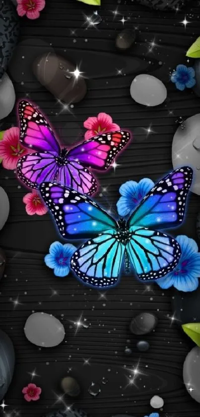 Vibrant butterflies on a textured black background with flowers and leaves.