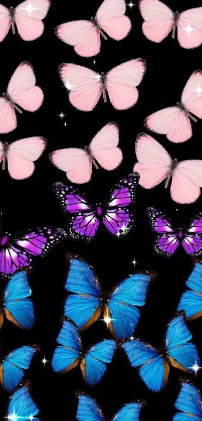 Vibrant wallpaper with pink, purple, and blue butterflies on a black background.