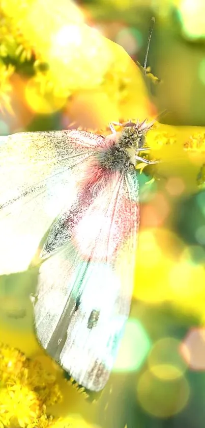 Vibrant butterfly on yellow flowers with colorful bokeh background.