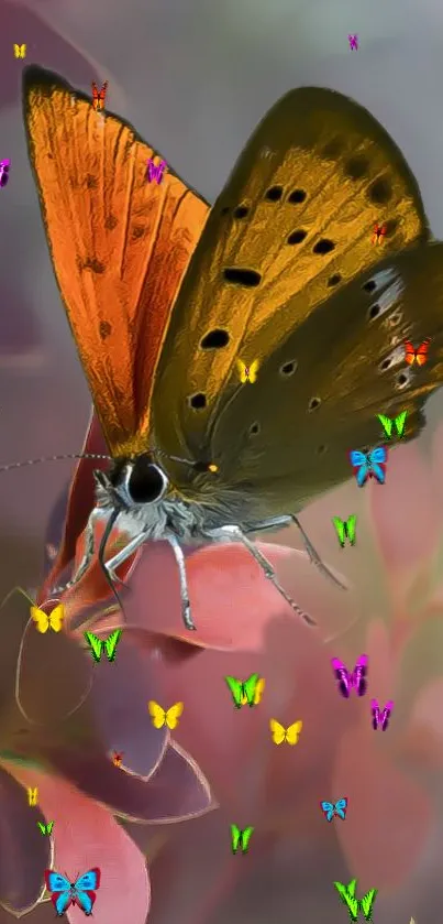 Vibrant butterfly with colorful small butterflies on a soft background.