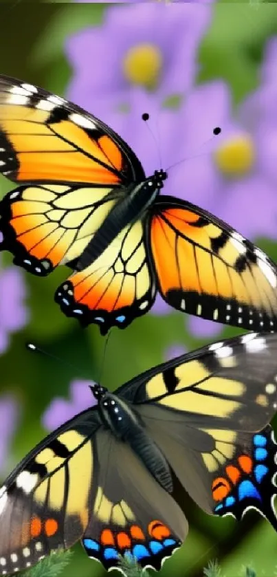 Colorful butterflies on purple flowers wallpaper.