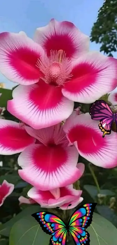 Pink flowers with butterflies in a vibrant wallpaper.