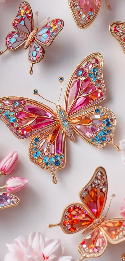 Colorful butterflies with flowers mobile wallpaper.