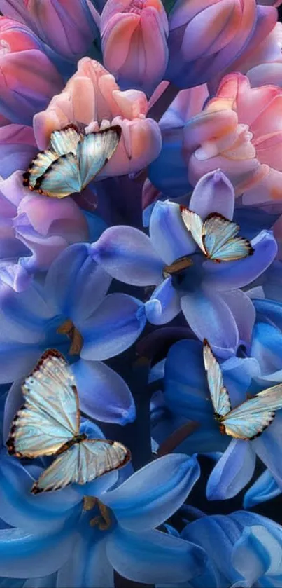 Butterflies resting on colorful spring flowers with blue and pink hues.