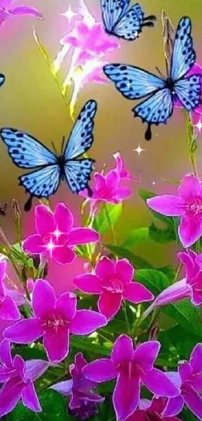 Blue butterflies and pink flowers in vibrant wallpaper.