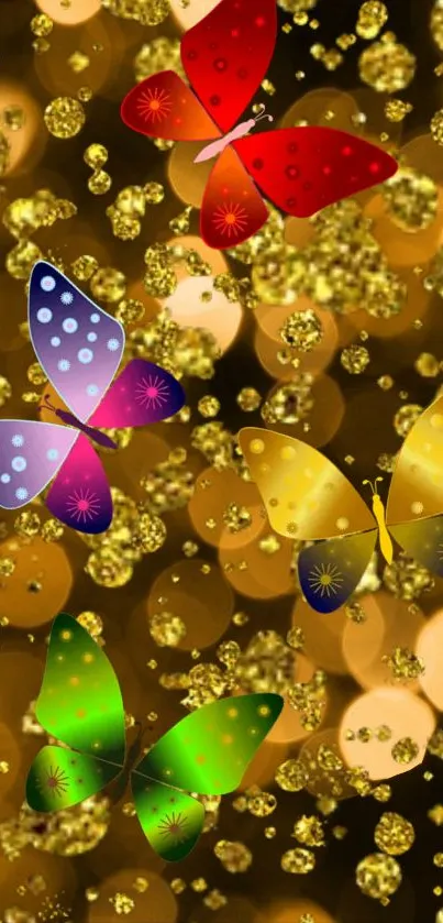 Colorful butterflies on a golden bokeh background.