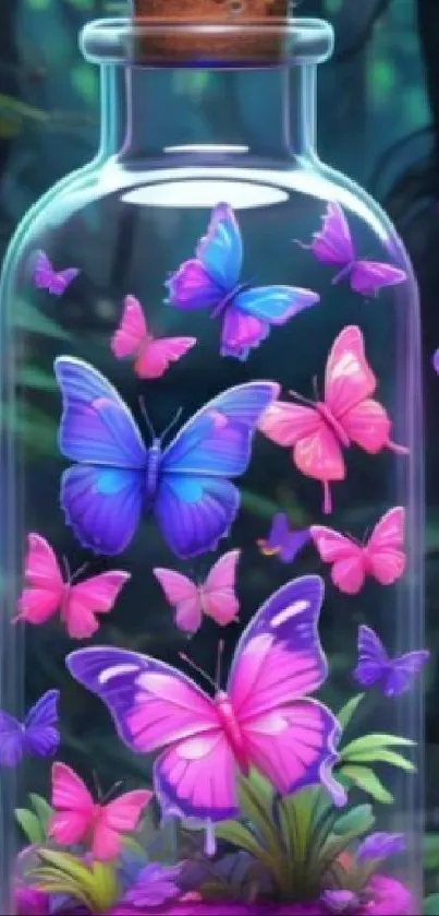 Colorful butterflies in a glass bottle in a lush forest setting.